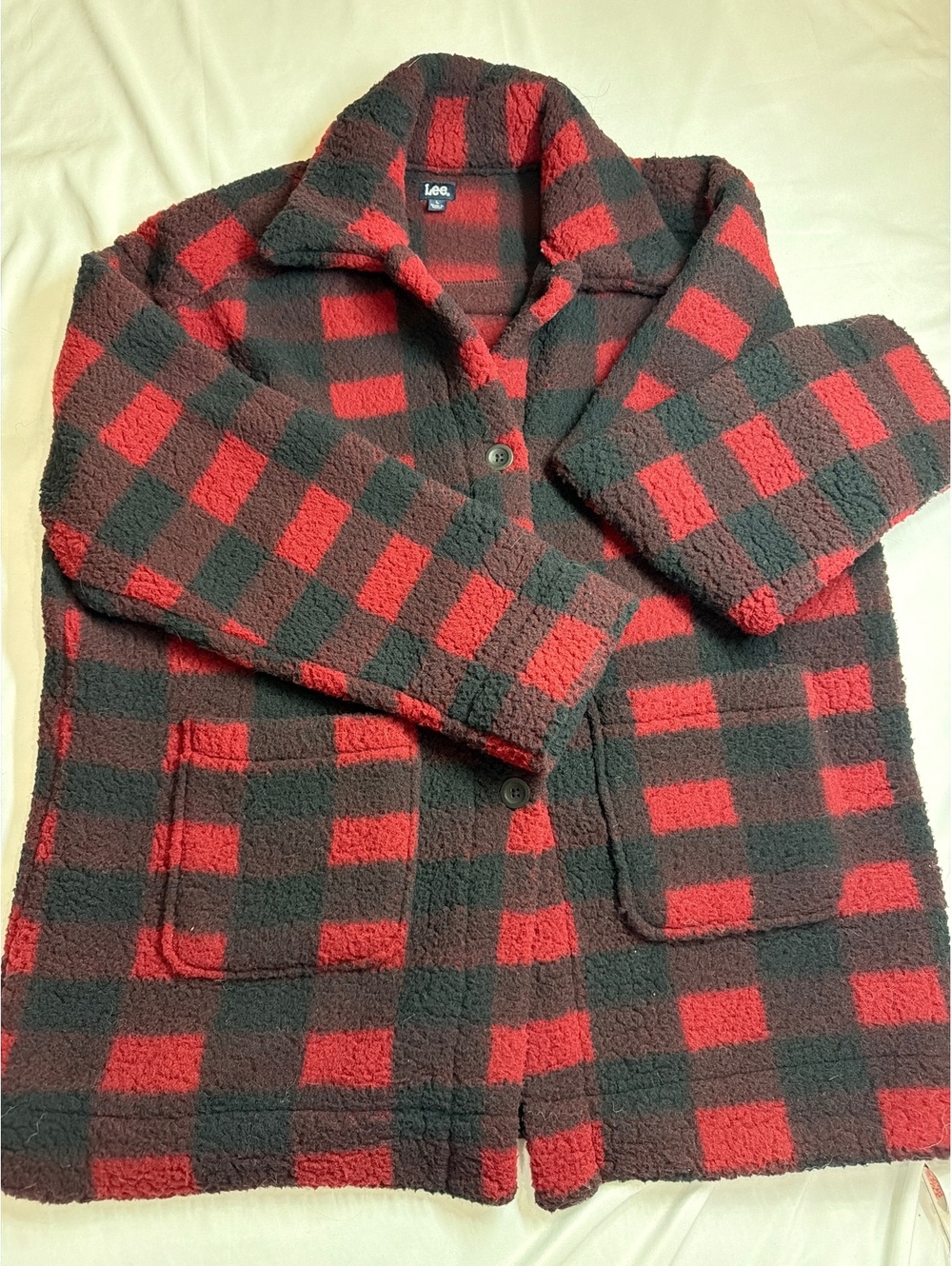 Lee Women's Red and Black Plaid Fleece Jacket Size Large